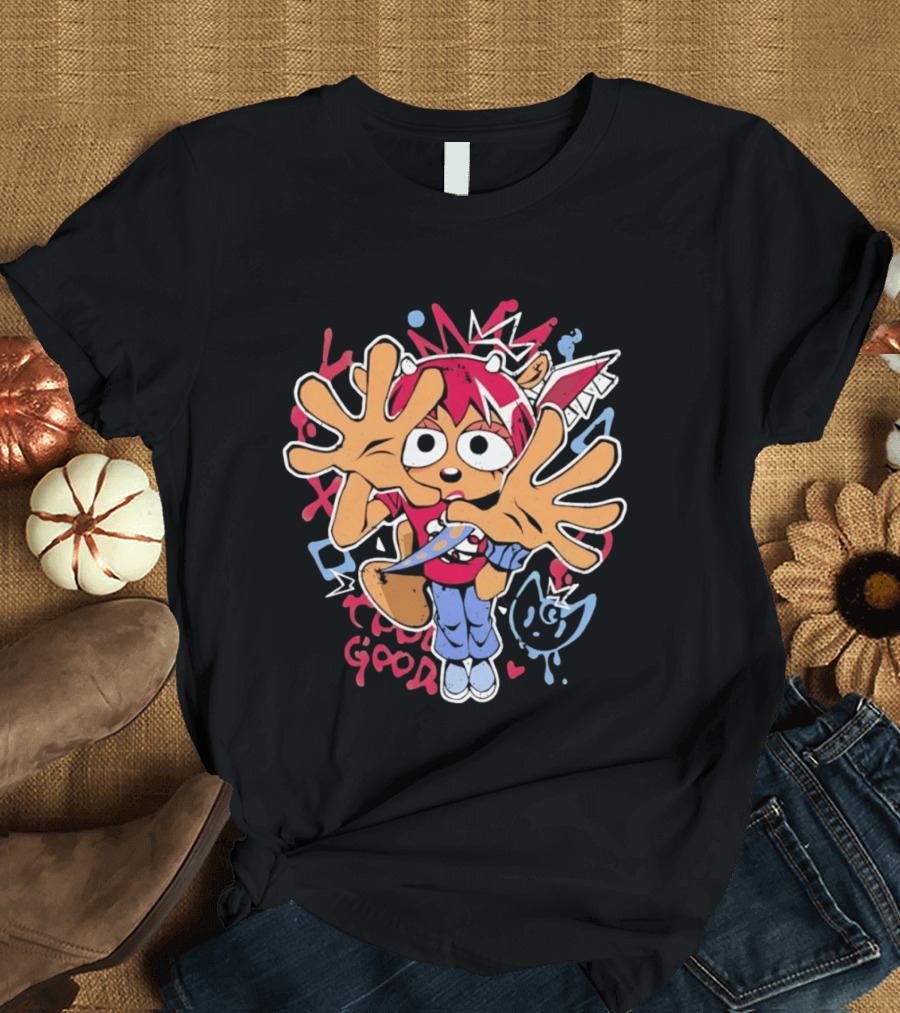 True Good Anime Distressed Graffiti Cartoon Character With Red Hair And Large Hands T-Shirt