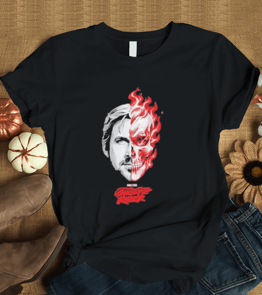 Ryan Gosling Ghost Rider 2028 Split Face Fiery Skull T-Shirt