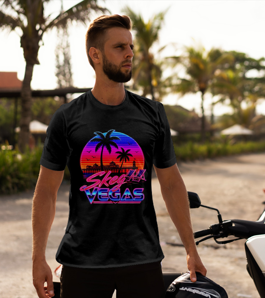 Skeg Vegas Beach Pier Sunset Skegness Retro Neon T-Shirt