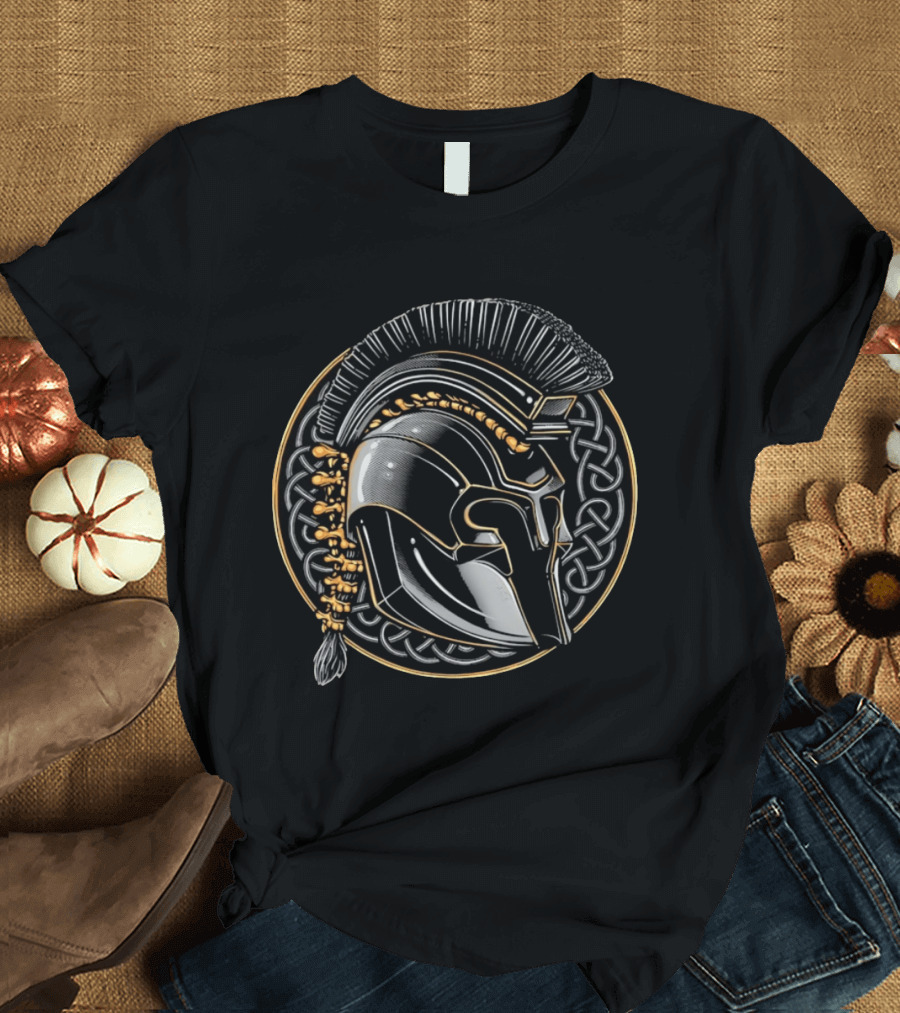 Spartan Helmet Celtic Knot Motif With Braided Spinal Column T-Shirt