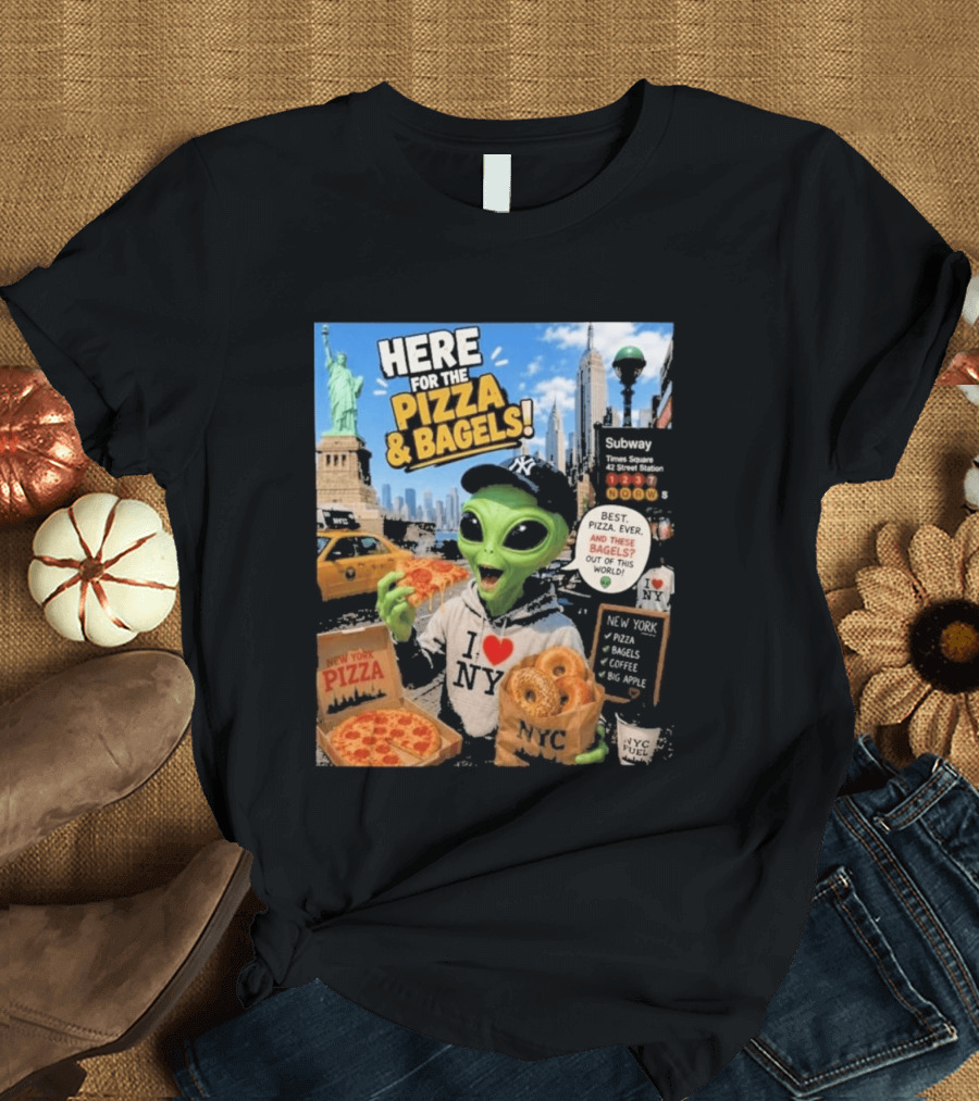 NYC Alien Loves Pizza And Bagels With Statue Of Liberty And Times Square Subway T-Shirt
