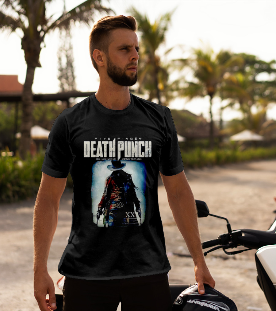 Five Finger Death Punch 20th Anniversary World Tour 2026 Cowboy Imagery With Knuckle Duster And Pistols T-Shirt