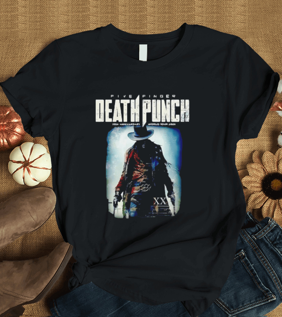 Five Finger Death Punch 20th Anniversary World Tour 2026 Cowboy Imagery With Knuckle Duster And Pistols T-Shirt