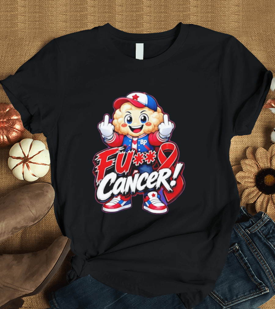 Cancer Awareness With Cauliflower Character And Red Ribbon T-Shirt