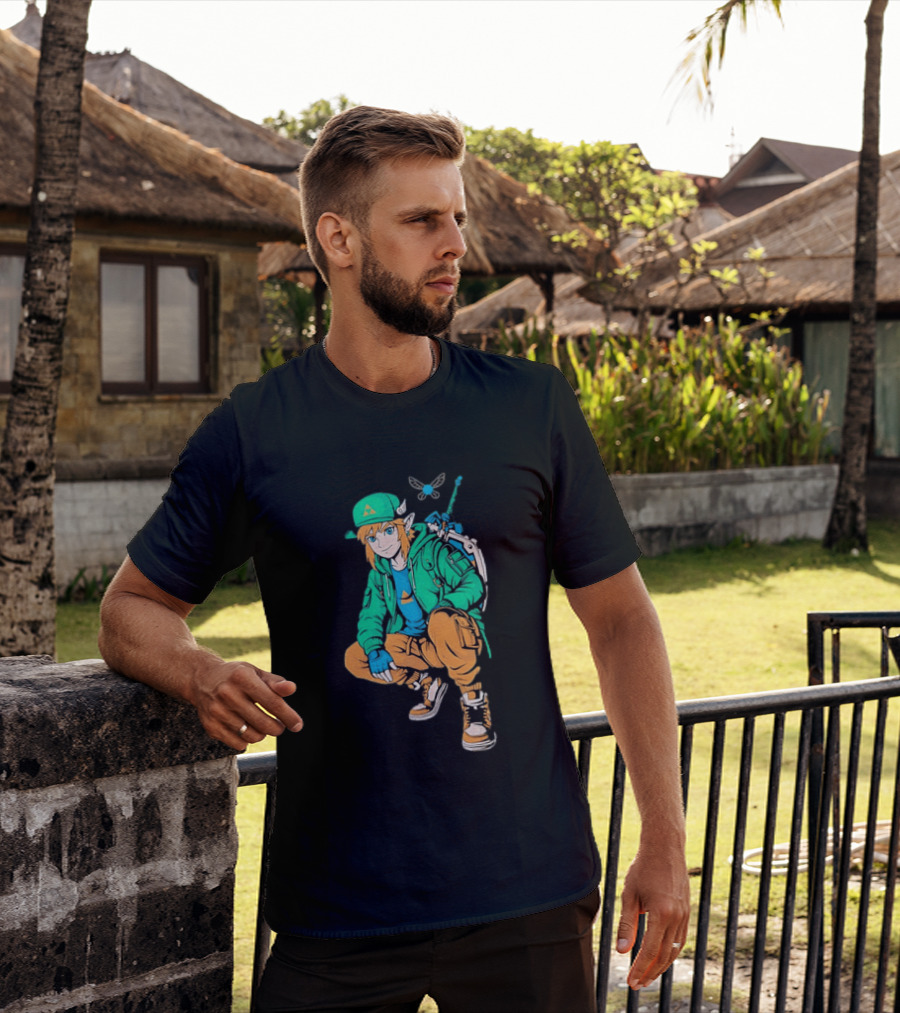 Link Legend Of Zelda Streetwear Style With Sword And Navi T-Shirt