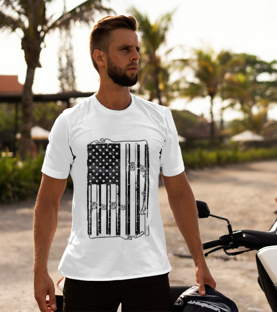 Distressed American Flag Fishing Rod Patriotic USA Angling Stars And Stripes T-Shirt