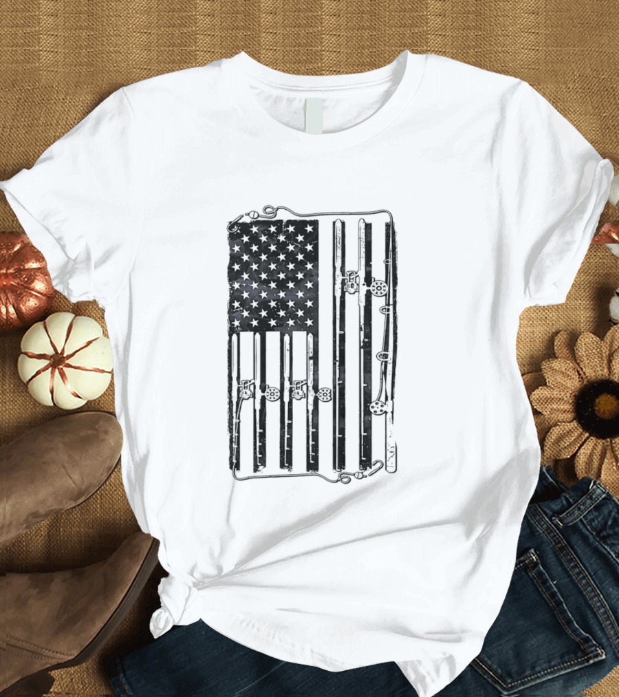 Distressed American Flag Fishing Rod Patriotic USA Angling Stars And Stripes T-Shirt