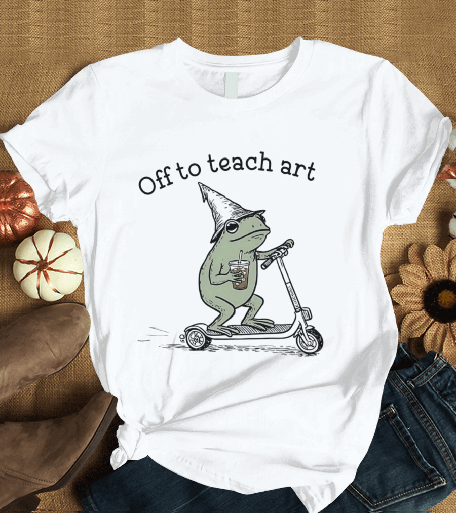 Frog Off To Teach Art With Iced Coffee On Scooter T-Shirt