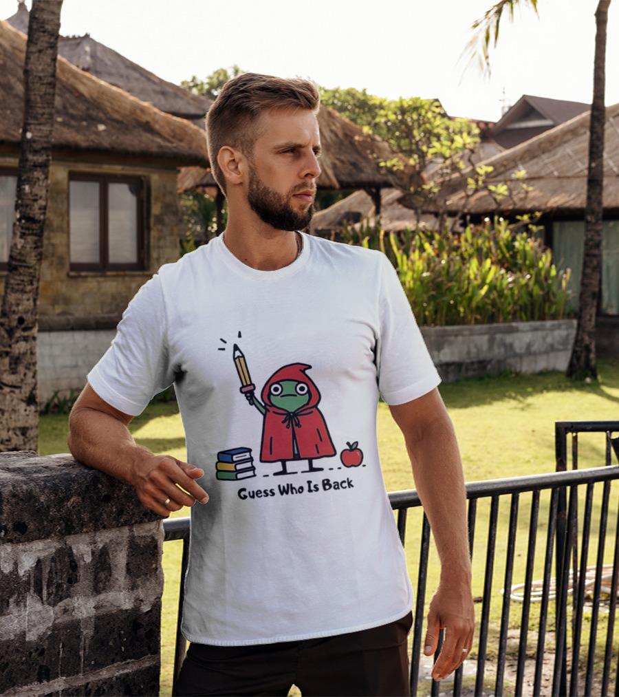 Guess Who Is Back Frog In Red Cape With Pencil Books And Apple T-Shirt