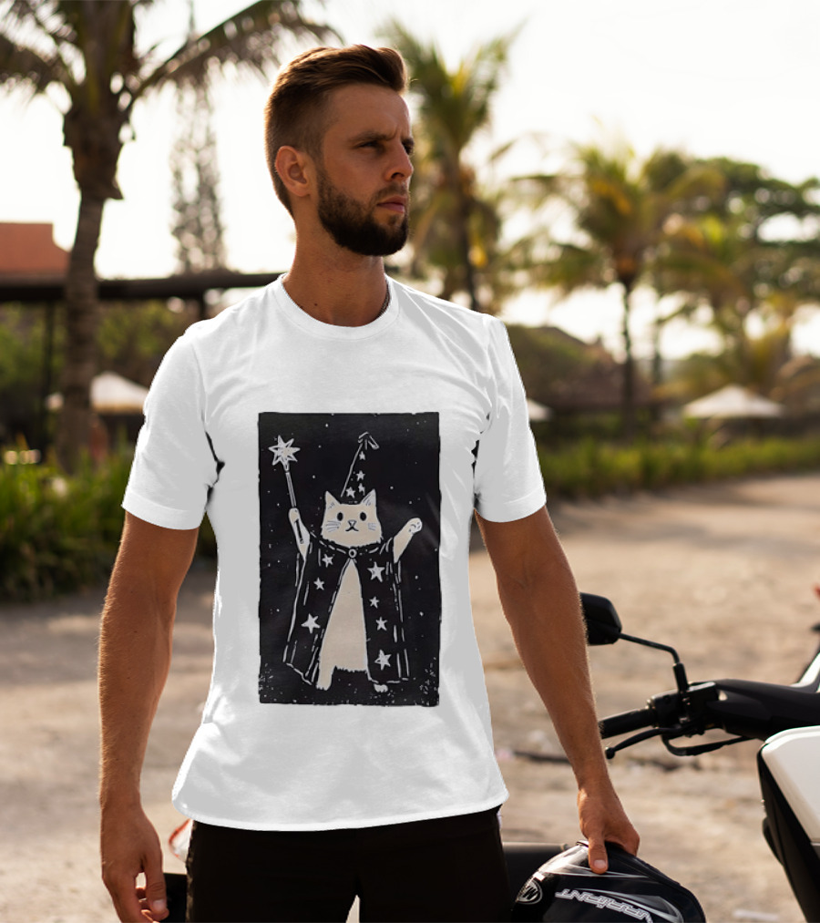 The Magician Cat Tarot Card Wizard Hat Starry Cloak Magic Wand T-Shirt