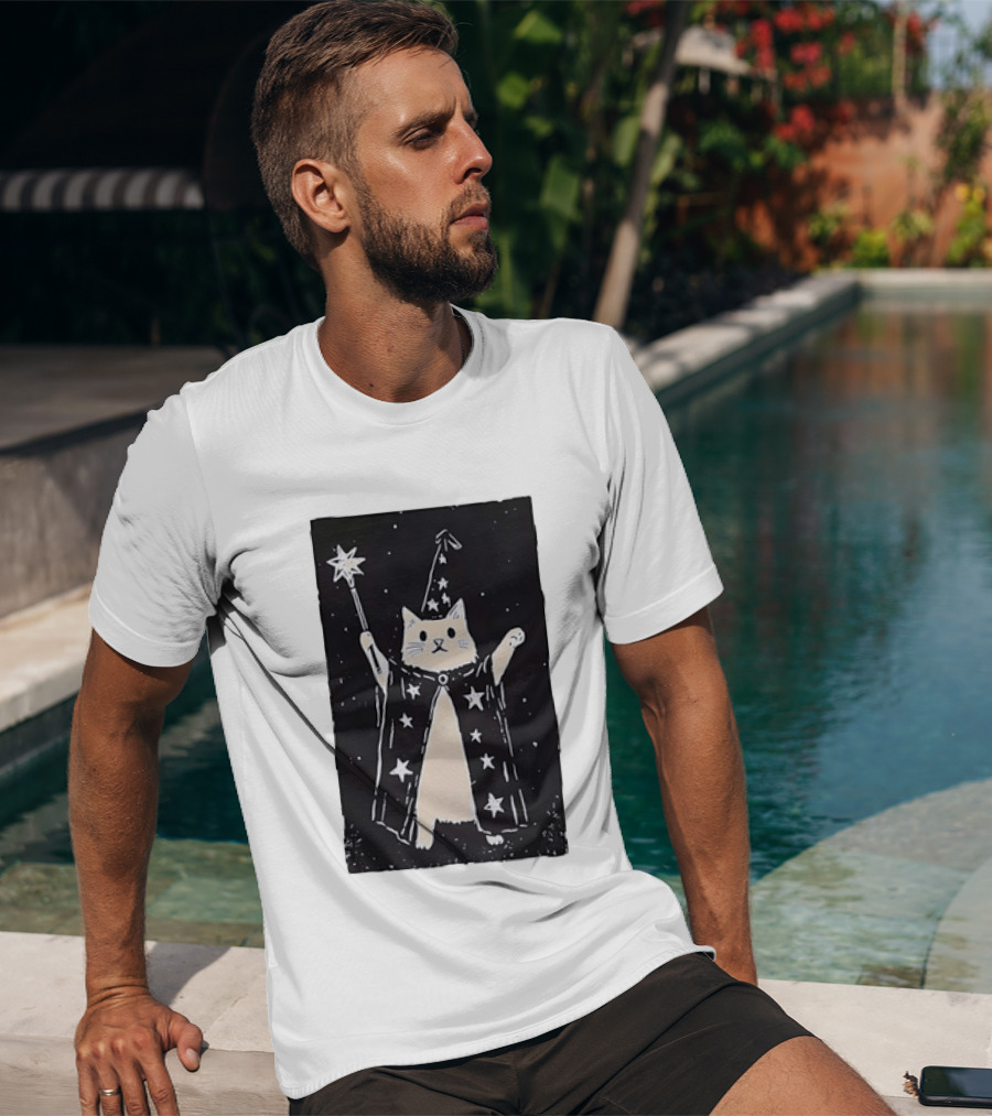 The Magician Cat Tarot Card Wizard Hat Starry Cloak Magic Wand T-Shirt