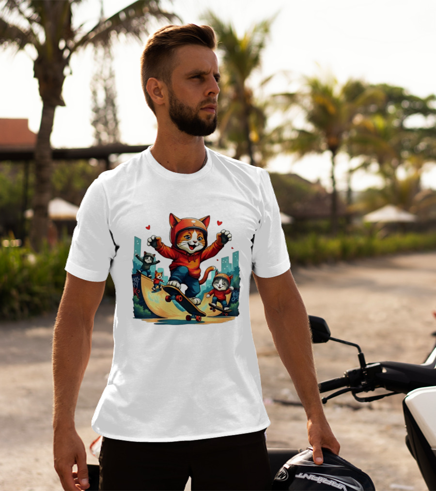 Skateboarding Cats In Helmets With Hearts And Cityscape T-Shirt
