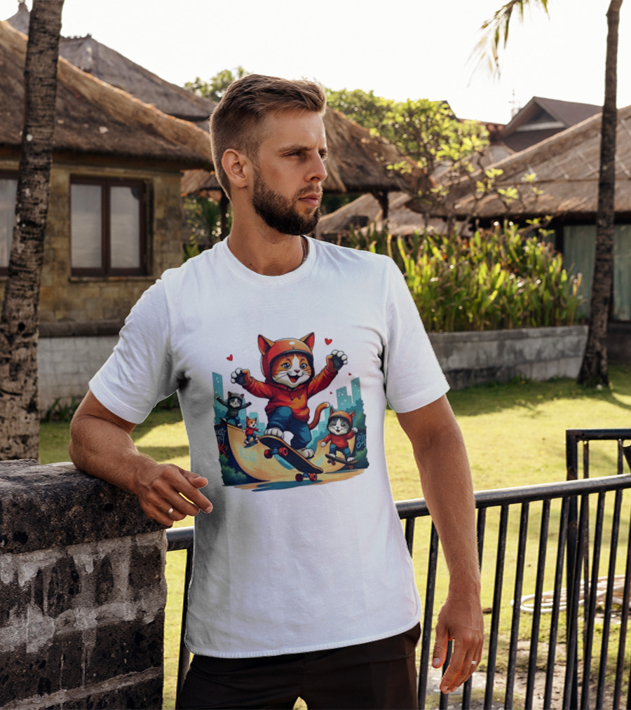 Skateboarding Cats In Helmets With Hearts And Cityscape T-Shirt