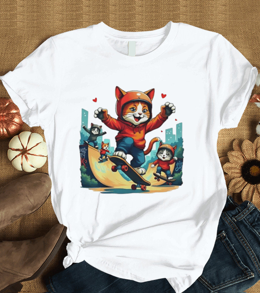 Skateboarding Cats In Helmets With Hearts And Cityscape T-Shirt
