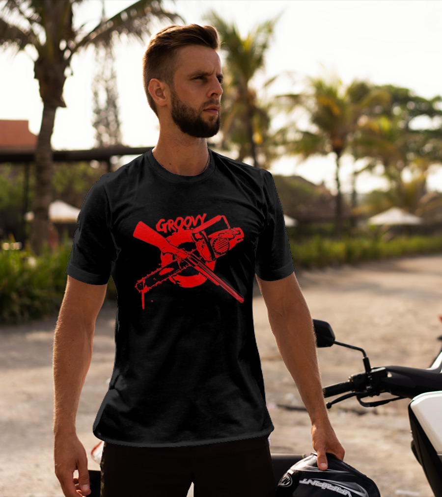 Ash Williams Evil Dead Groovy Chainsaw Shotgun T-Shirt