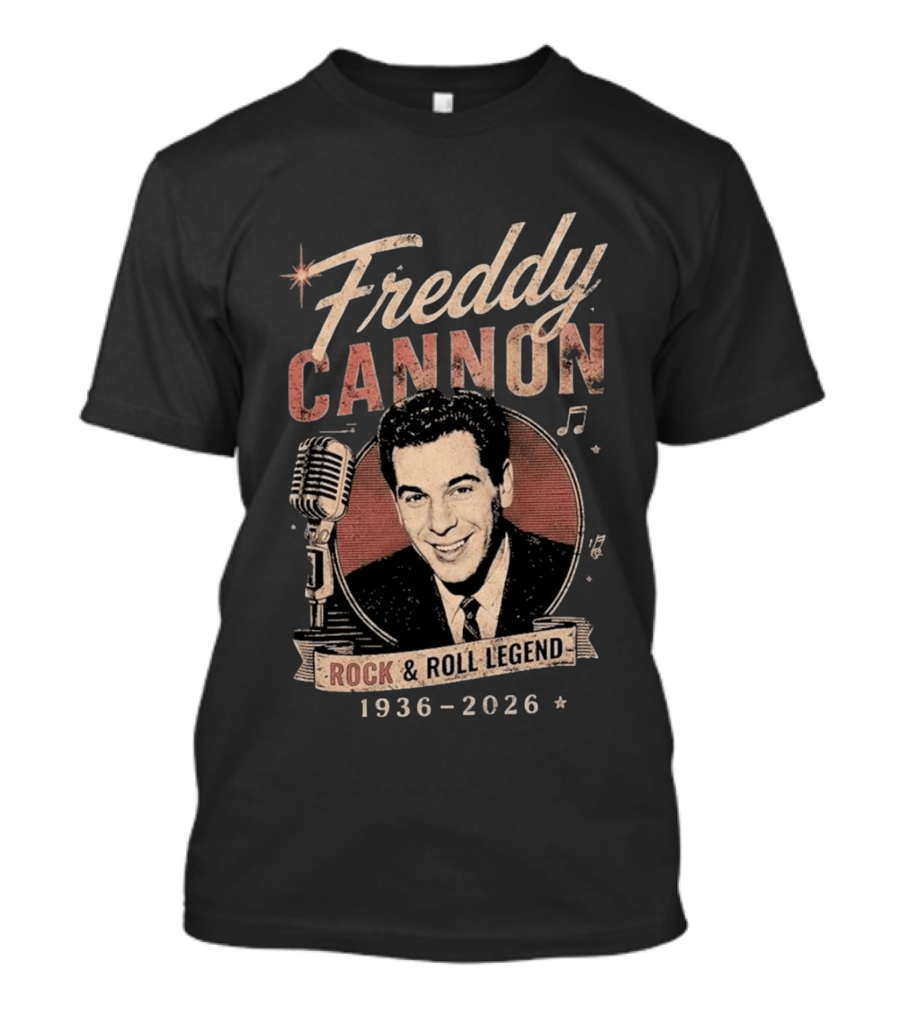 Freddy Cannon Rock & Roll Legend In Loving Memory 1936 2026 Microphone Musical Notes T-Shirt