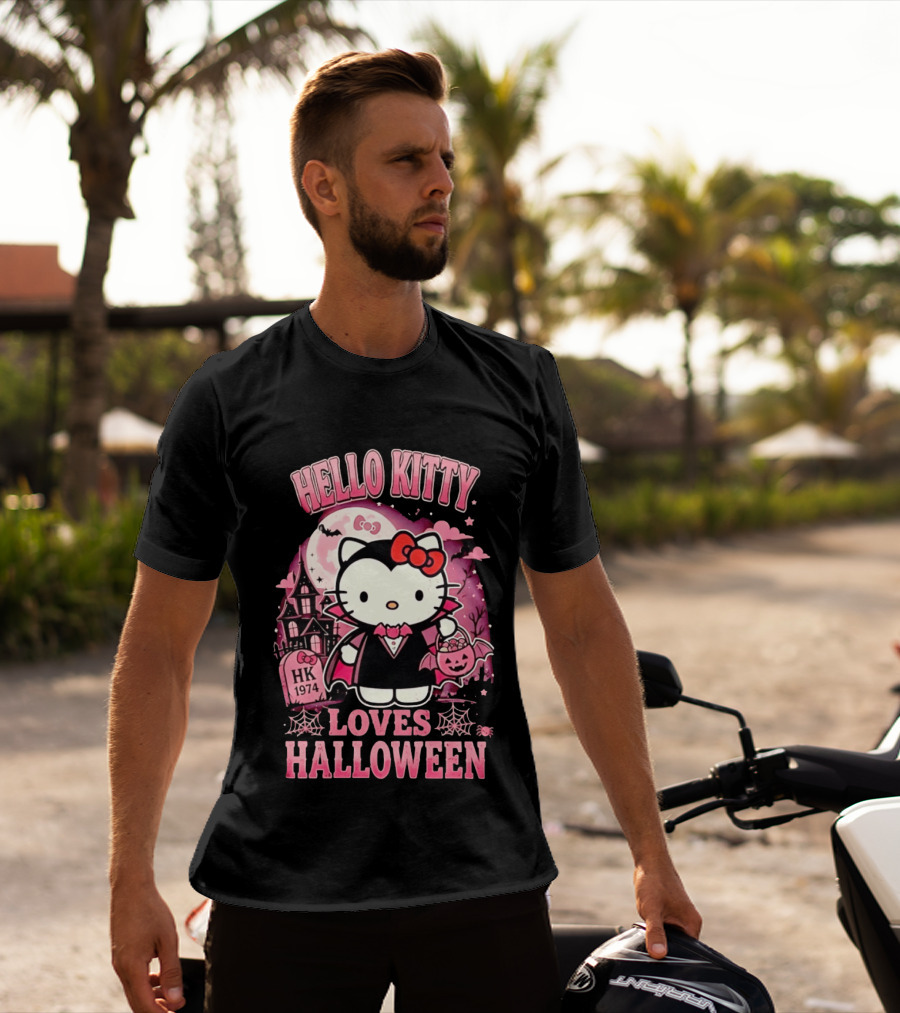 Hello Kitty Loves Halloween Vampire Costume Pink Bats And Haunted House T-Shirt