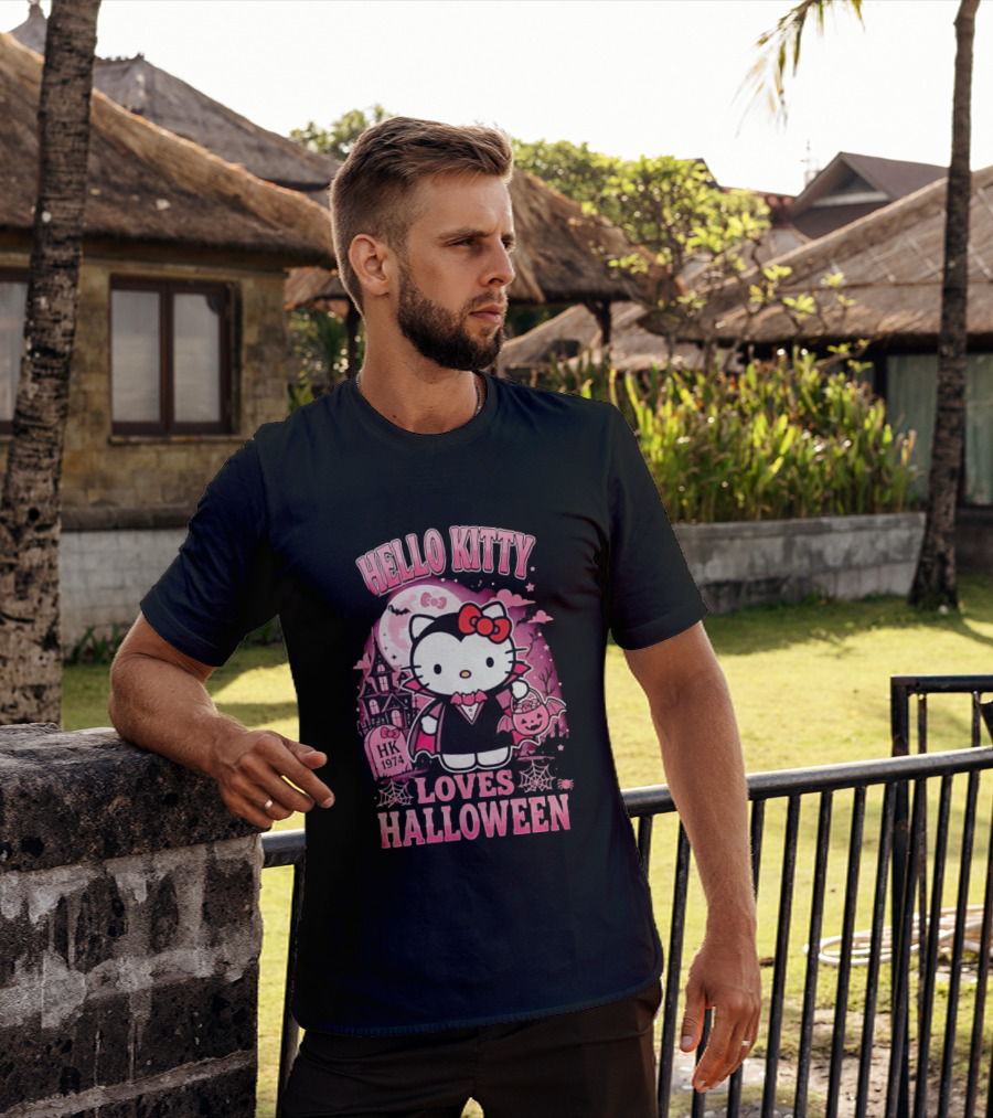 Hello Kitty Loves Halloween Vampire Costume Pink Bats And Haunted House T-Shirt