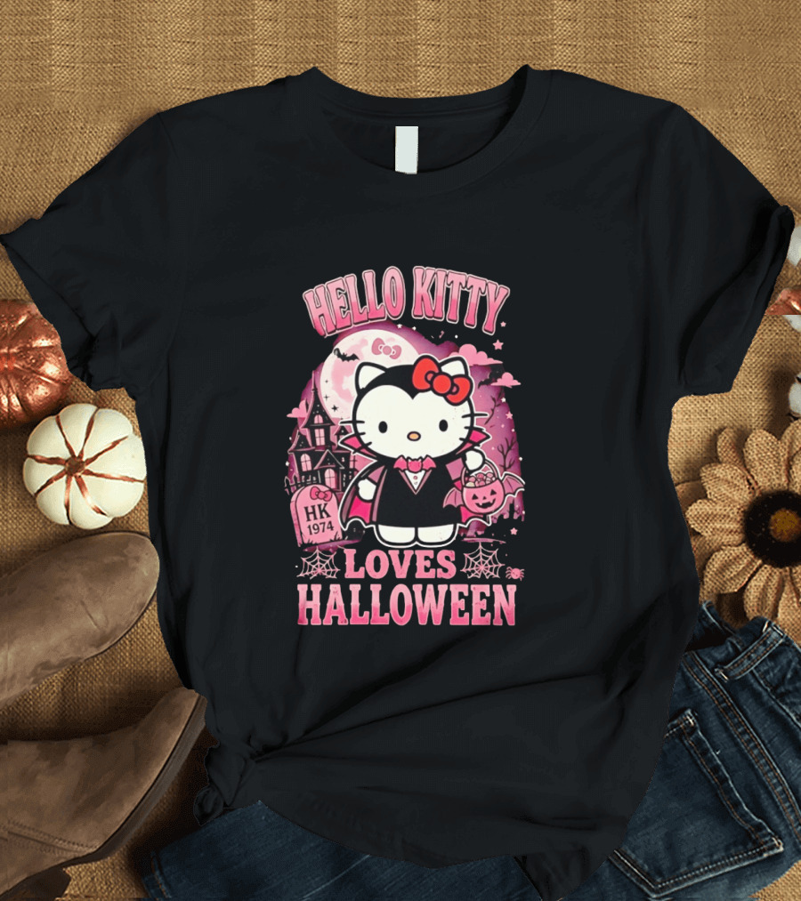 Hello Kitty Loves Halloween Vampire Costume Pink Bats And Haunted House T-Shirt