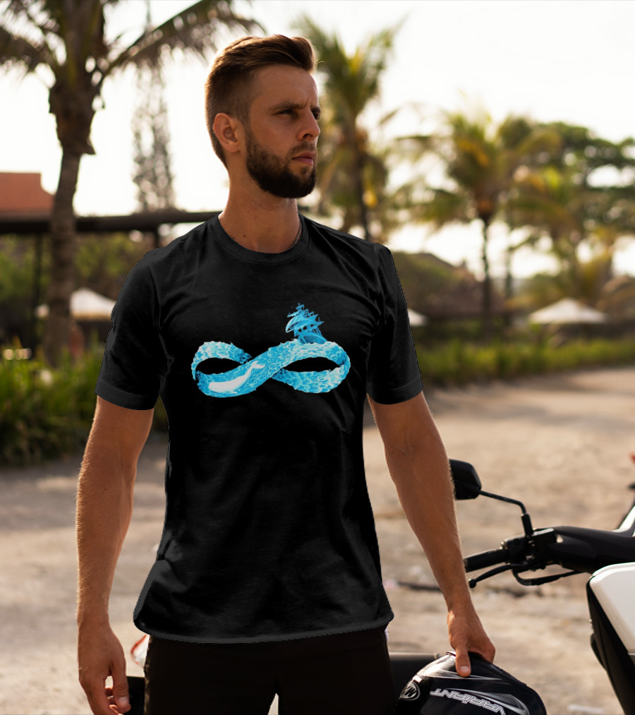 Infinity Symbol With Whale Swimming Beneath Sailing Ship Formed By Ocean Waves T-Shirt