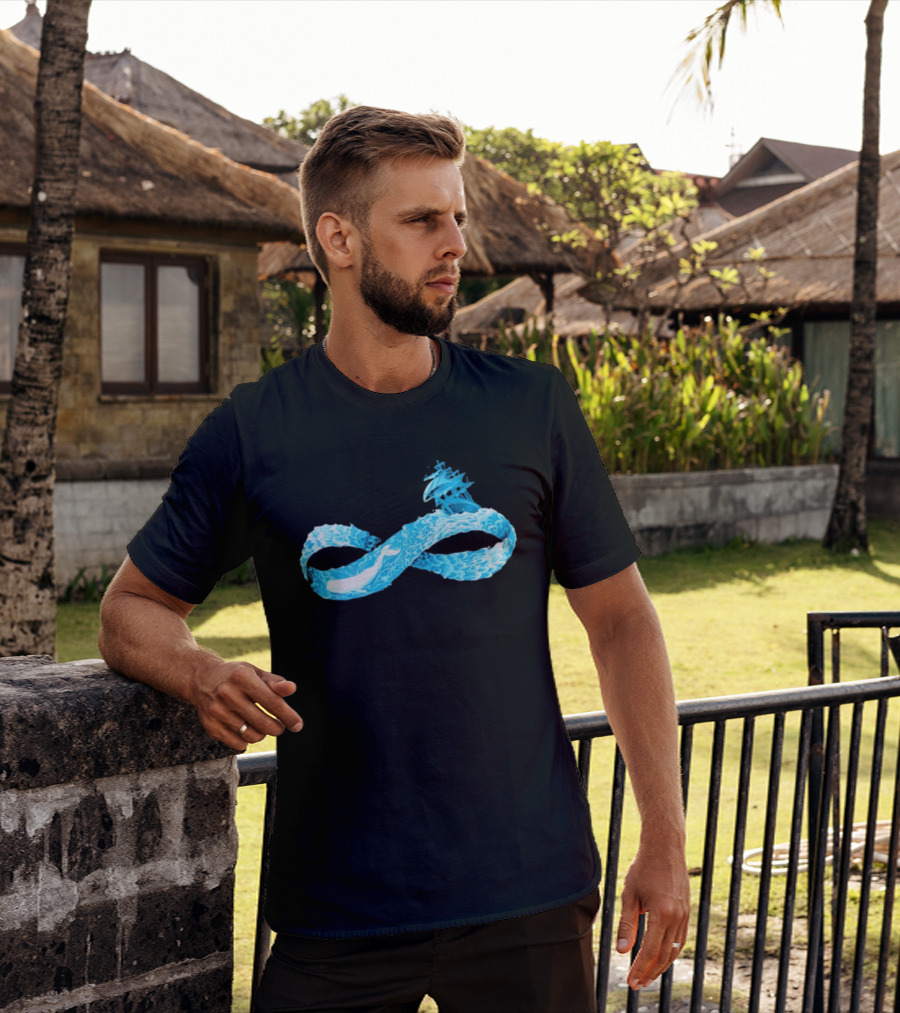 Infinity Symbol With Whale Swimming Beneath Sailing Ship Formed By Ocean Waves T-Shirt