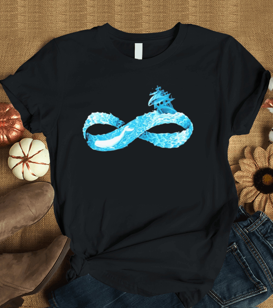 Infinity Symbol With Whale Swimming Beneath Sailing Ship Formed By Ocean Waves T-Shirt