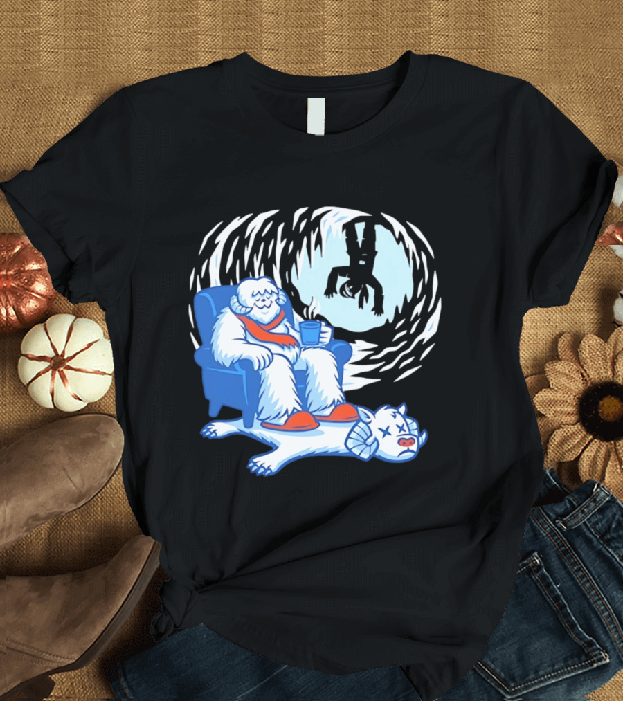 Yeti Relaxing In A Chair With Hot Drink And Abominable Snowman Rug T-Shirt