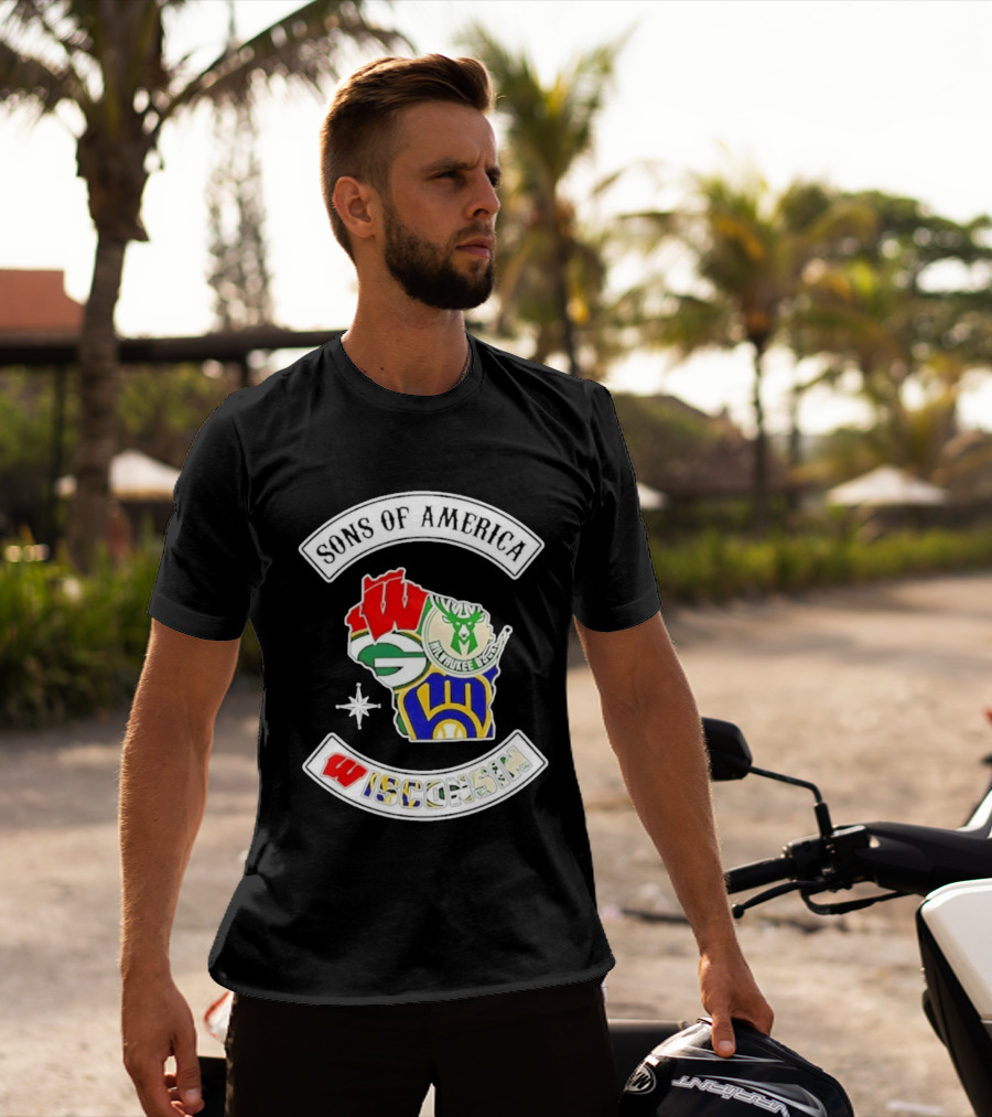 Sons Of America Wisconsin Map Milwaukee Brewers Green Bay Packers Badgers Bucks T-Shirt