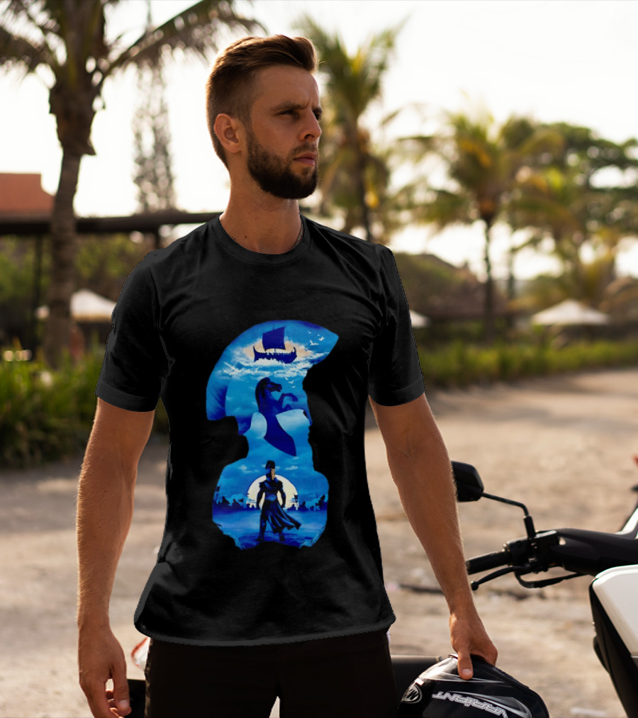 Spartan Warrior With Trojan Horse And Ancient Ship In Mythical Blue Scene T-Shirt