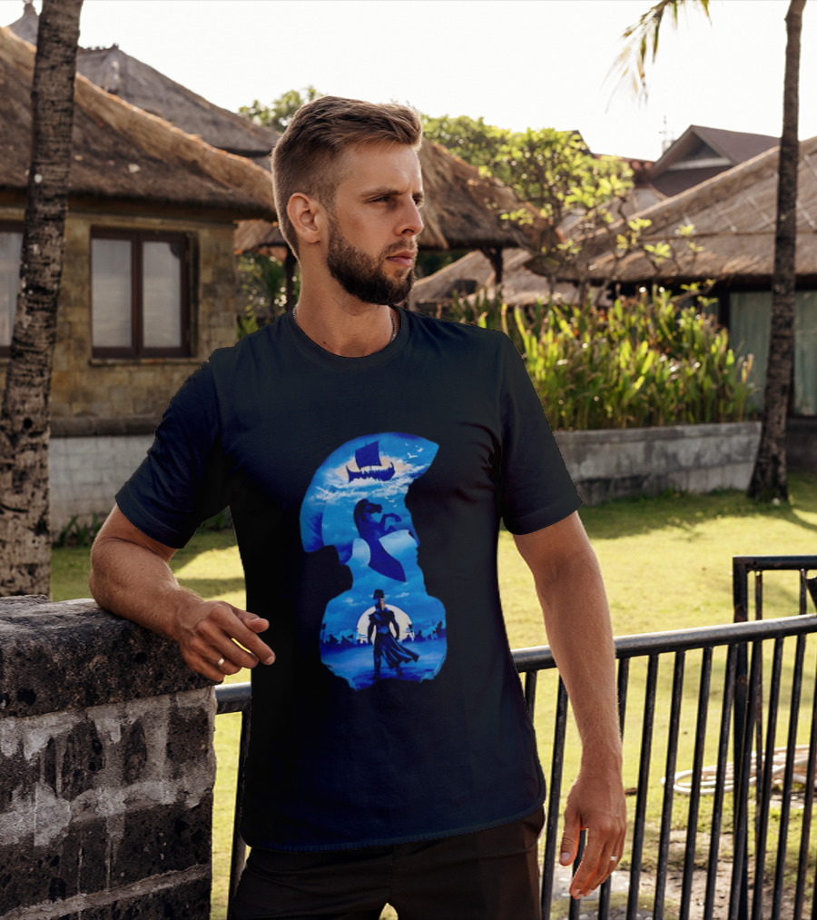 Spartan Warrior With Trojan Horse And Ancient Ship In Mythical Blue Scene T-Shirt
