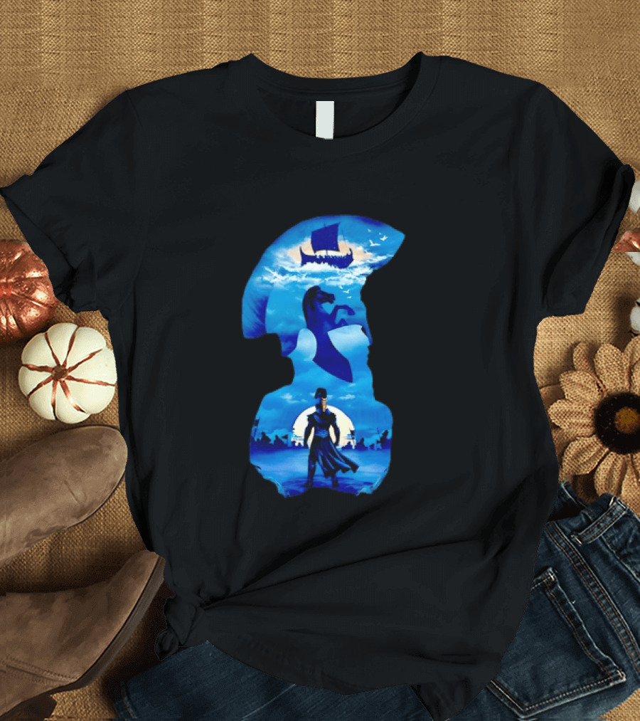 Spartan Warrior With Trojan Horse And Ancient Ship In Mythical Blue Scene T-Shirt