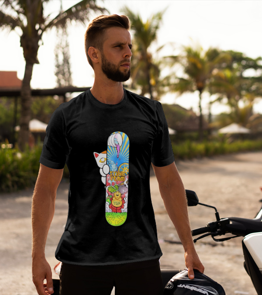 Stinc Team TGF Buddha Cat With Skateboard And Dripping Paint Aesthetic T-Shirt