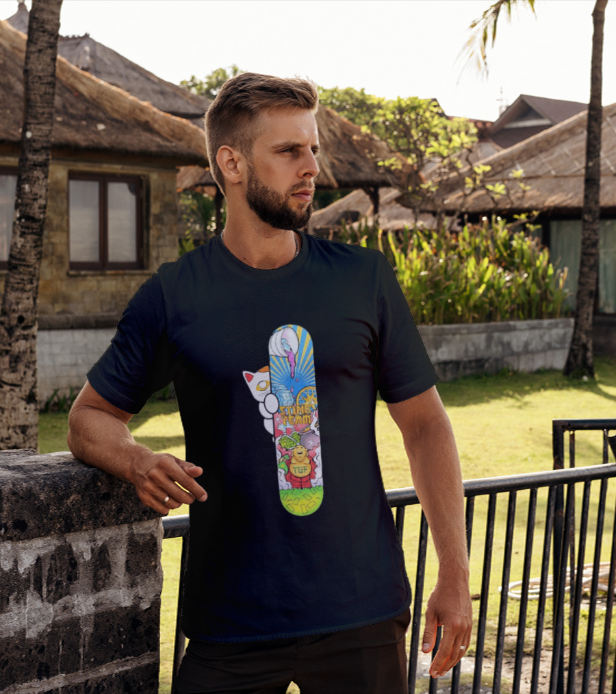 Stinc Team TGF Buddha Cat With Skateboard And Dripping Paint Aesthetic T-Shirt