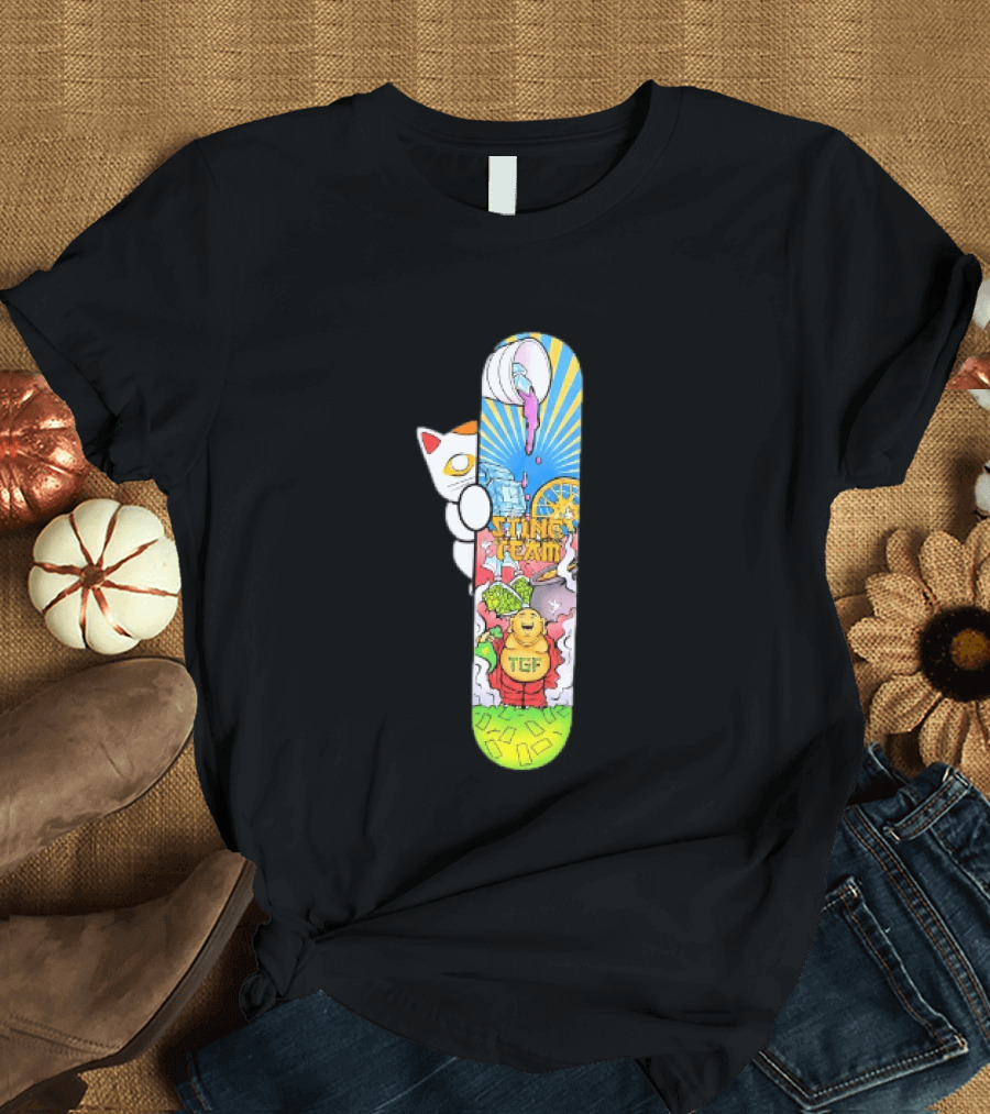 Stinc Team TGF Buddha Cat With Skateboard And Dripping Paint Aesthetic T-Shirt