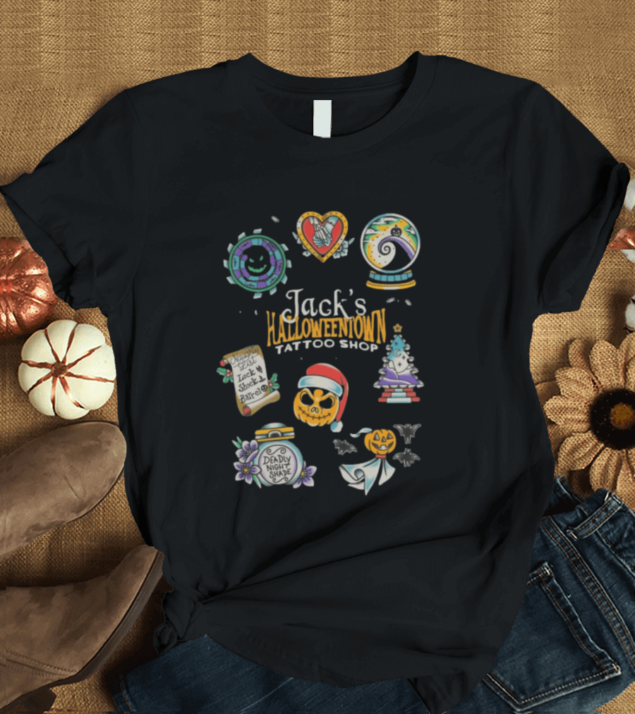 Jack's Halloweentown Tattoo Shop Oogie Boogie Santa Skull Lock Shock Barrel T-Shirt