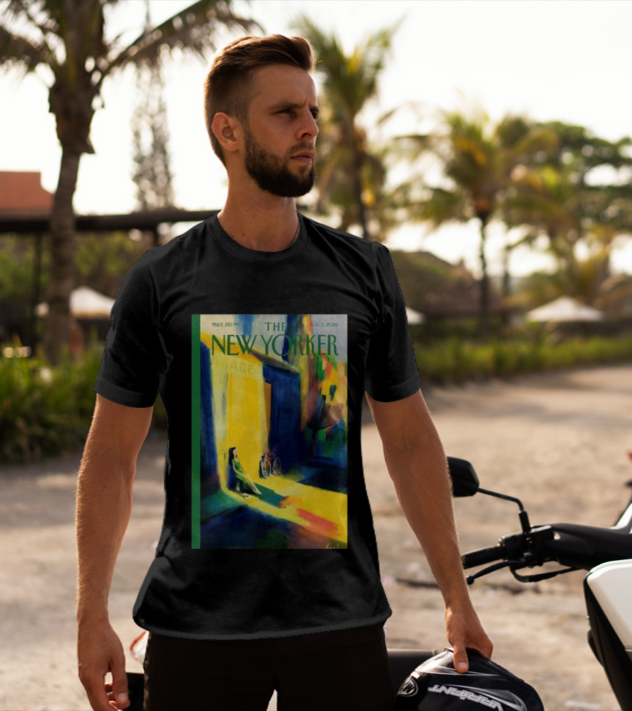 The New Yorker August 3 2026 Pierre Emmanuel Lyet Cover Art Female Figure With Bicycle In Vibrant Alley Scene T-Shirt