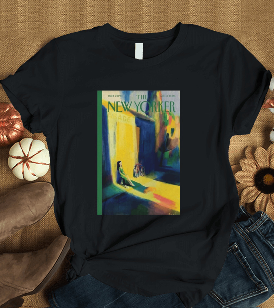 The New Yorker August 3 2026 Pierre Emmanuel Lyet Cover Art Female Figure With Bicycle In Vibrant Alley Scene T-Shirt