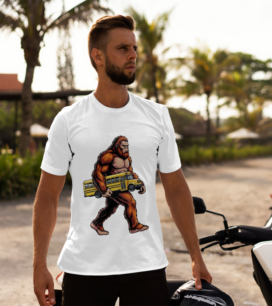 Bigfoot Sasquatch Carrying Yellow School Bus T-Shirt