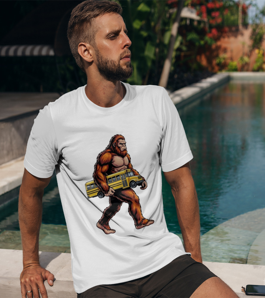 Bigfoot Sasquatch Carrying Yellow School Bus T-Shirt