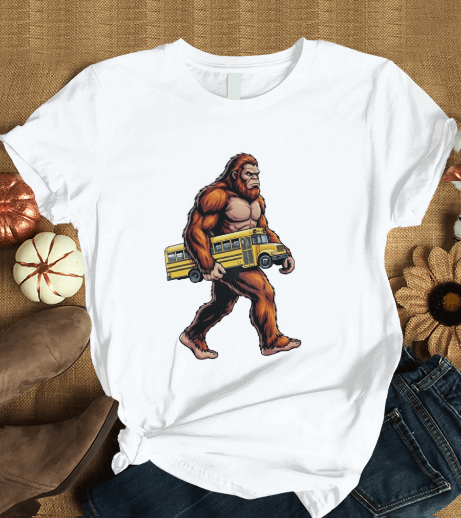 Bigfoot Sasquatch Carrying Yellow School Bus T-Shirt