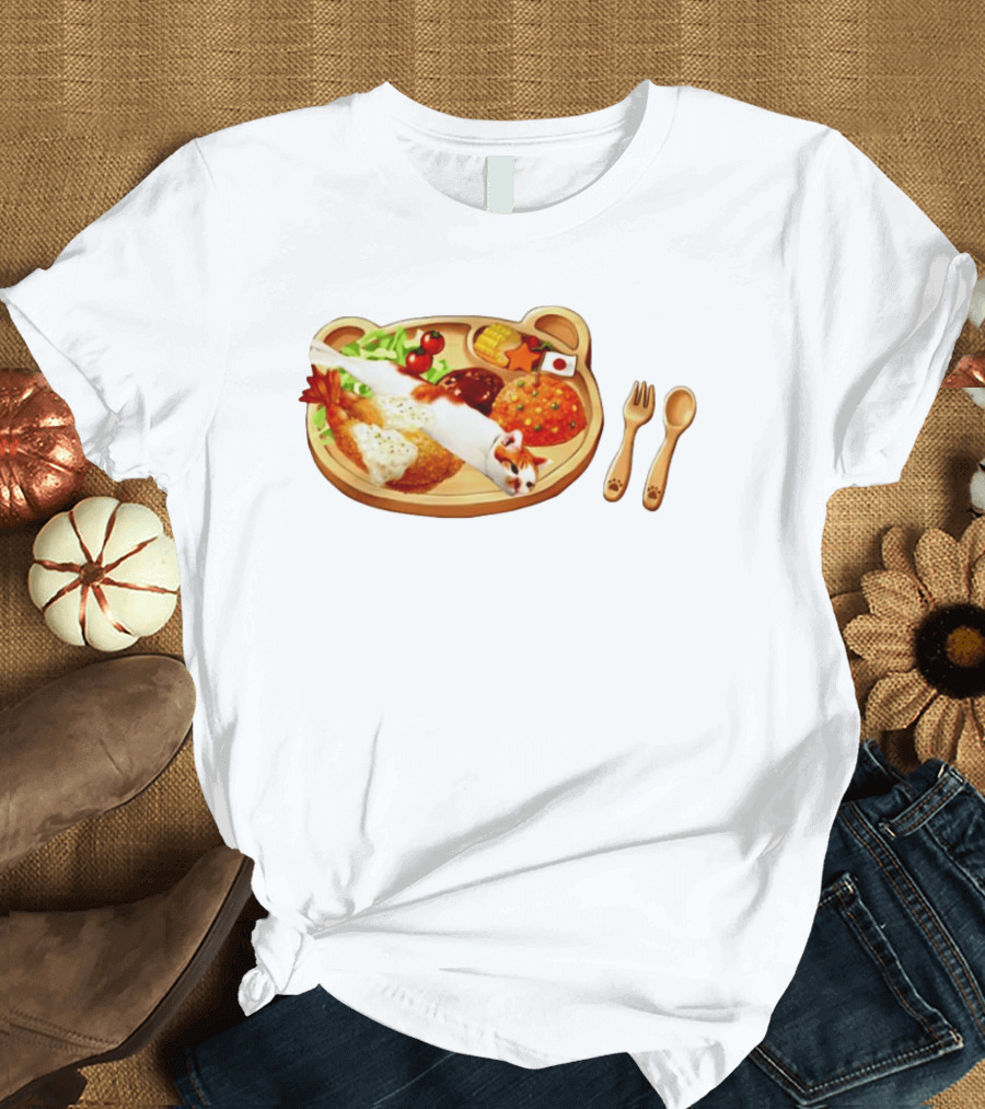 Cat Sushi On Bear Shaped Japanese Meal Plate With Shrimp And Rice T-Shirt