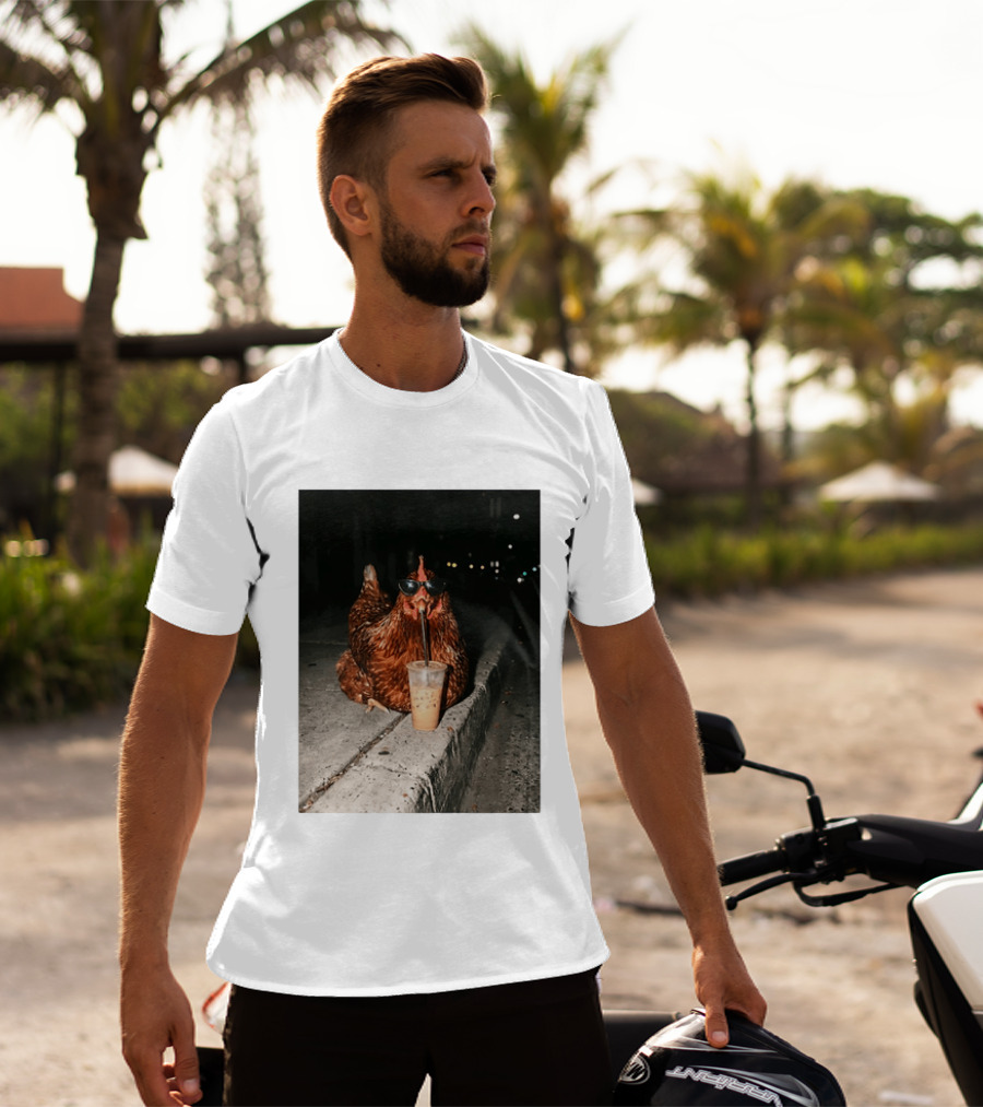 Chicken Wearing Sunglasses Drinking Iced Coffee At Night T-Shirt