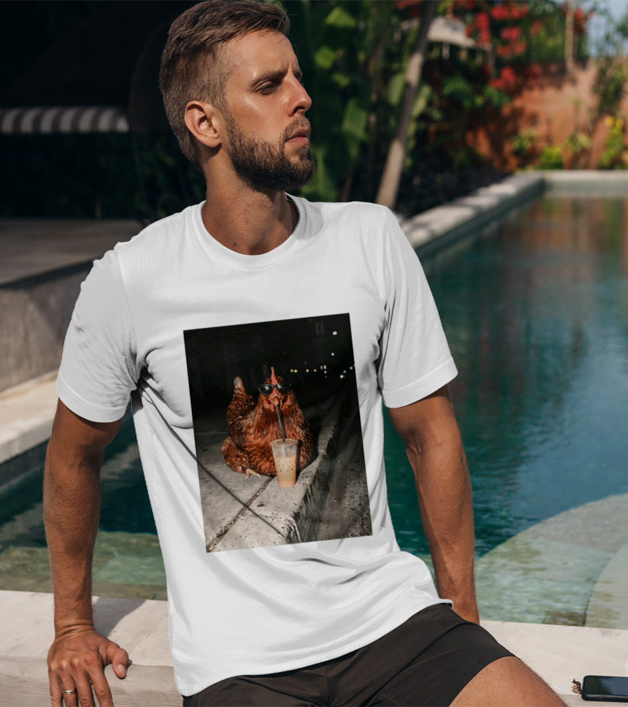 Chicken Wearing Sunglasses Drinking Iced Coffee At Night T-Shirt