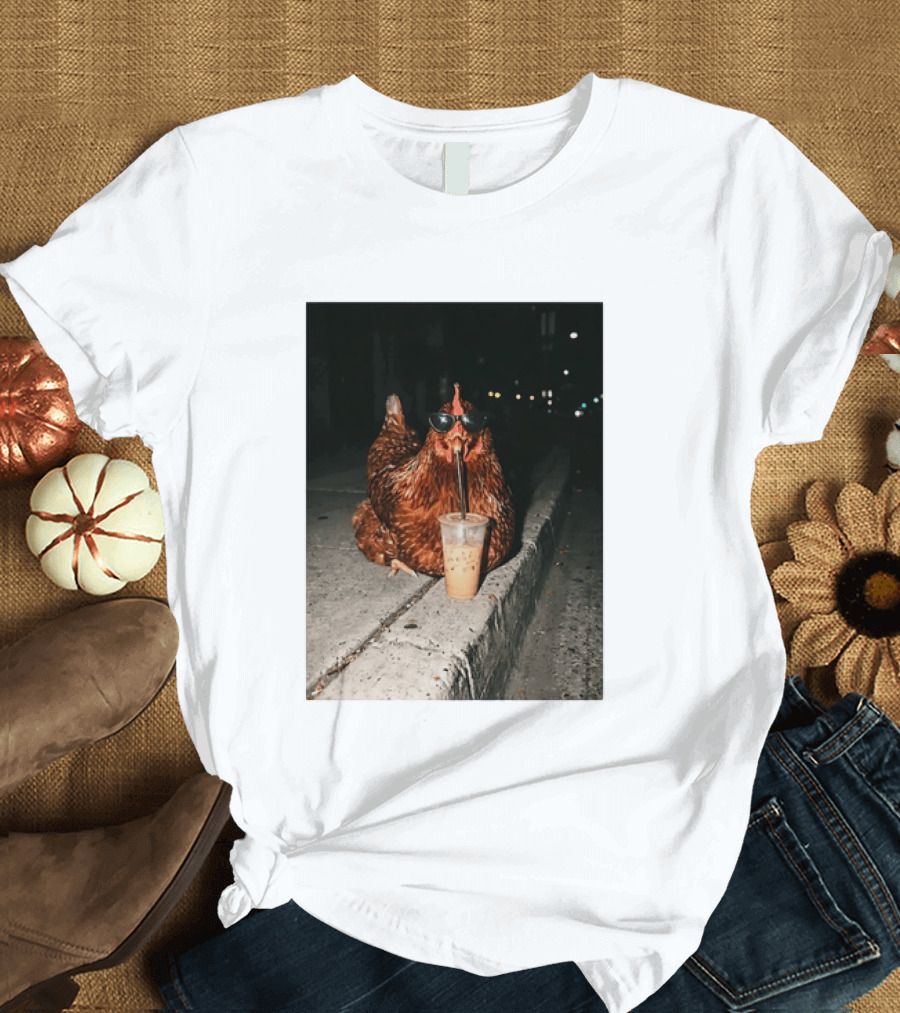 Chicken Wearing Sunglasses Drinking Iced Coffee At Night T-Shirt