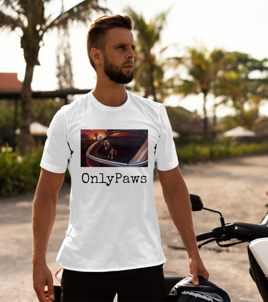 OnlyPaws Dog In Car Trunk At Sunset Desert Scene T-Shirt
