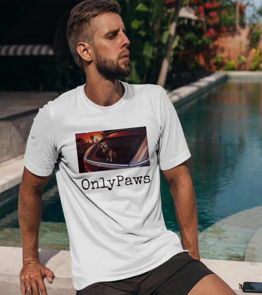 OnlyPaws Dog In Car Trunk At Sunset Desert Scene T-Shirt
