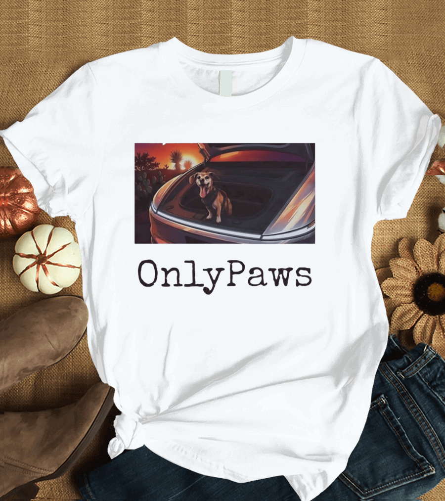 OnlyPaws Dog In Car Trunk At Sunset Desert Scene T-Shirt