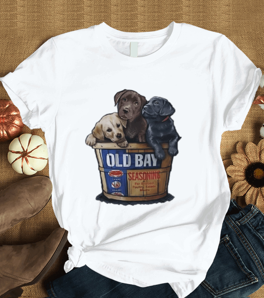 Old Bay Seasoning Labrador Puppies In Bushel Basket For Seafood Poultry Salads Meats T-Shirt