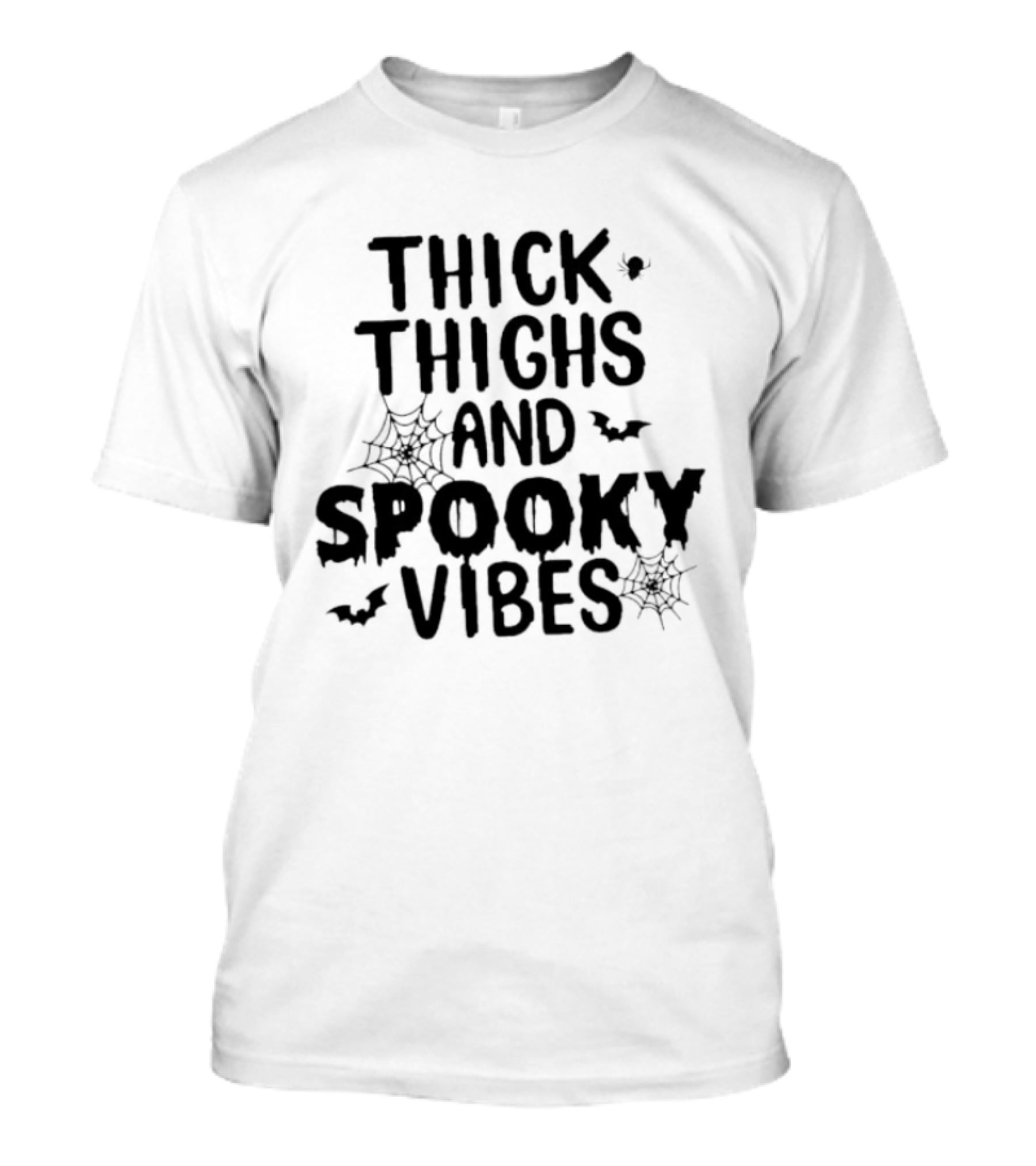 Thick Thighs And Spooky Vibes Halloween 2025 Cartoon With Bats And Spiderwebs T-Shirt