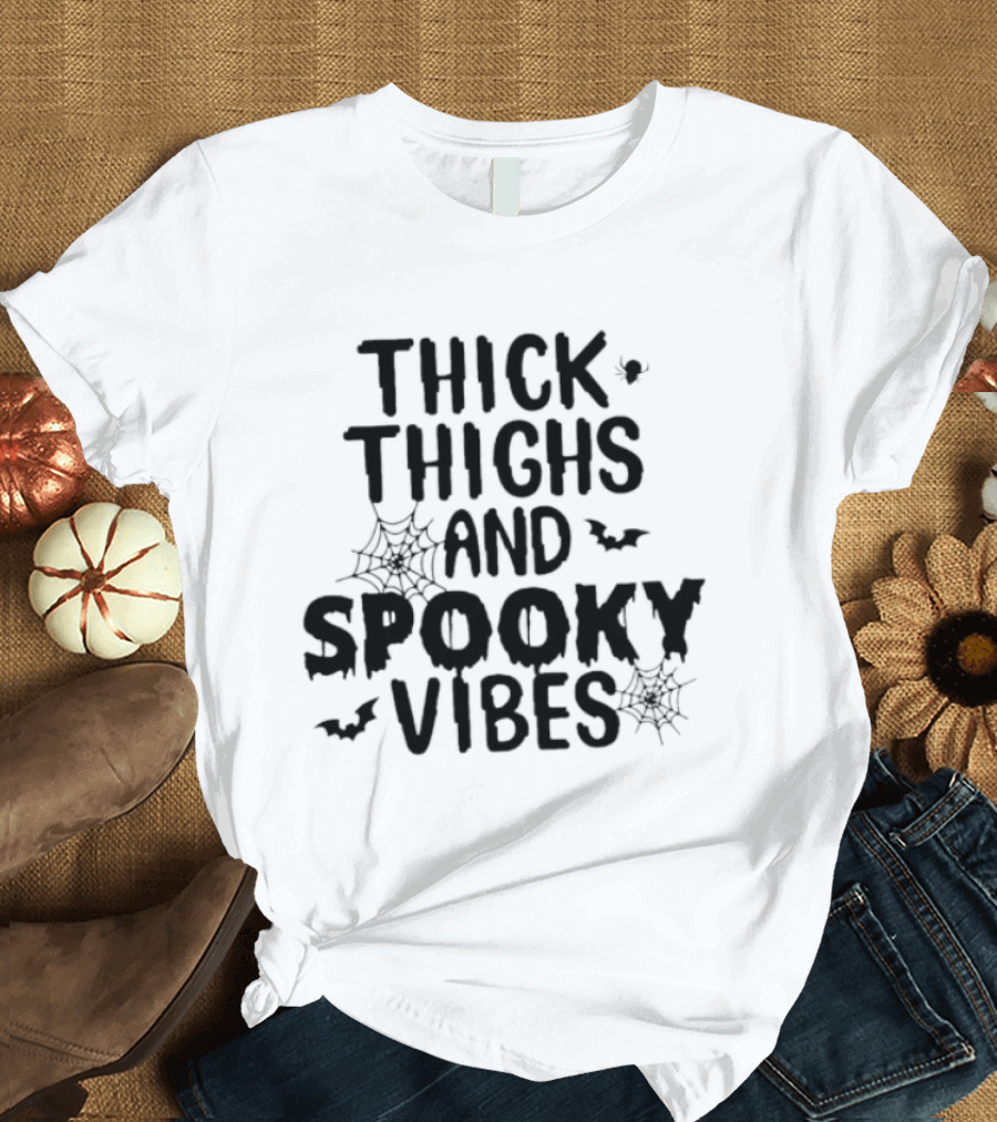 Thick Thighs And Spooky Vibes Halloween 2025 Cartoon With Bats And Spiderwebs T-Shirt